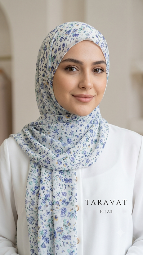 روسری حریر ژرژت شیری گل بنفش قواره ۱۳۰
